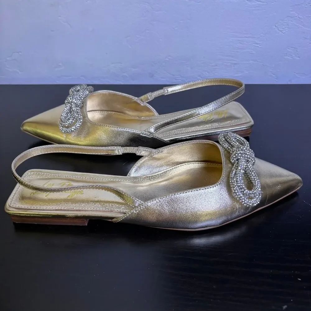 Lilly Pulitzer Brit Gold Leather Slingback Dressy Summer Event Bling Bow Size 9 - Picture 10 of 15